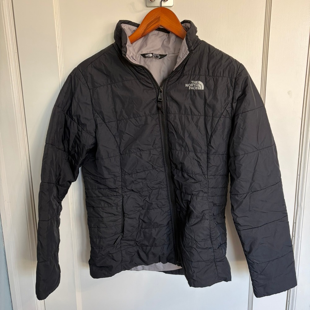 The North Face Girls' Quilted Insulated Jacket Black Gray Lining Full Zip XL 18